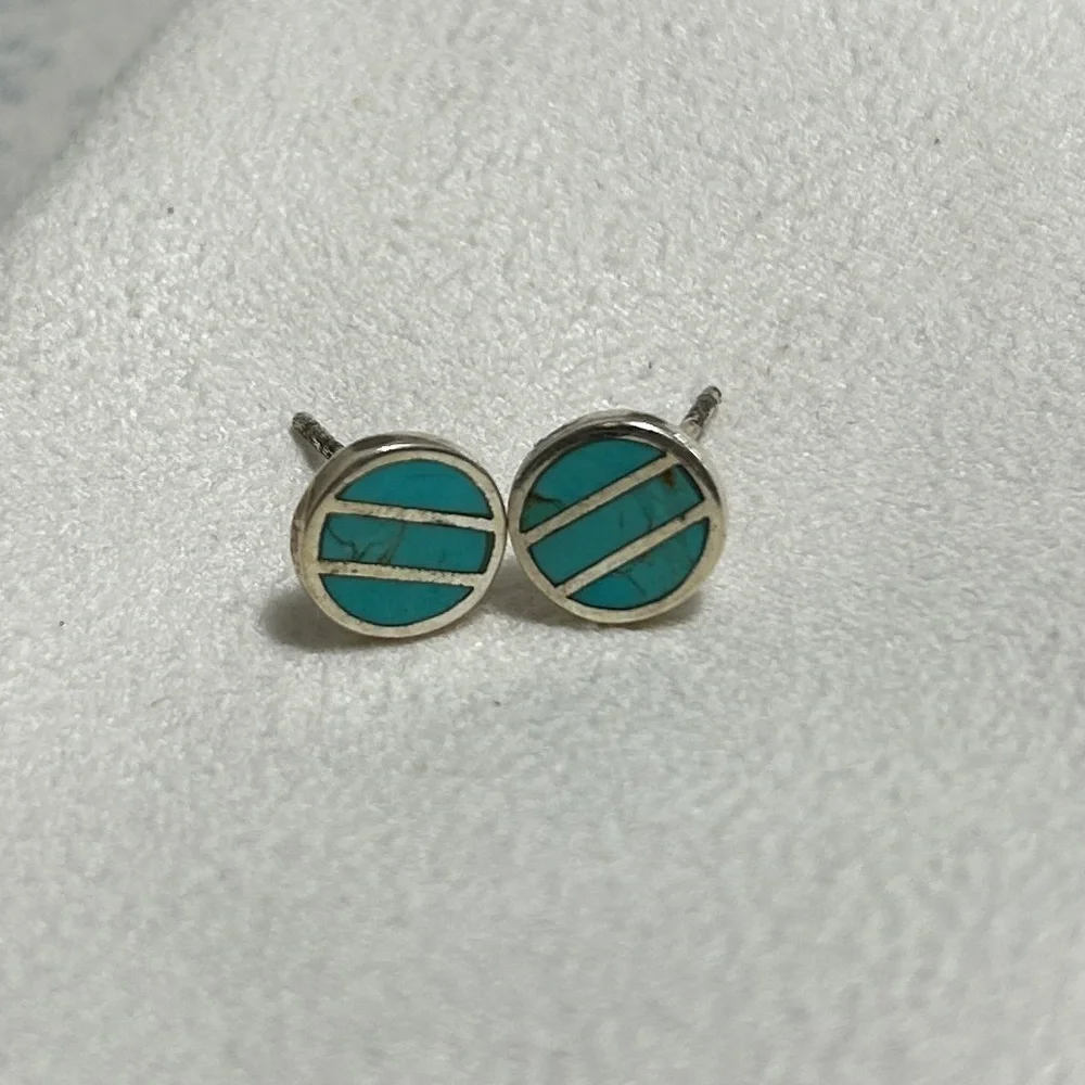 Peter Brams Silver Turquoise Inlay Stud Earrings PBD 925 Stamp Vintage No Backs